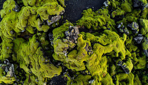 Abstrakte Luftaufnahme von oben auf ein zerkl&uuml;ftetes vulkanisches Lavafeld, intensives smaragdgr&uuml;nes Moos auf tiefschwarzem Basaltgestein, feine organische Naturtextur