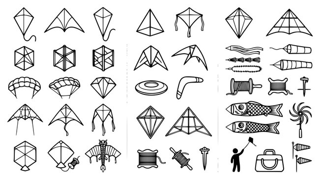Set of various kite designs including diamond delta box and stunt kites with winding reels and accessories in black and white line art vector illustration style for summer outdoor activities