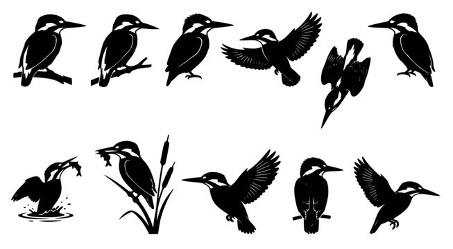 Collection of common kingfisher bird silhouettes in various poses including flying sitting and hunting in black and white vector illustration style for nature and wildlife design projects