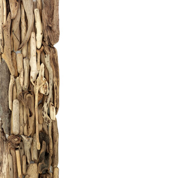 Rustic driftwood art wood design decoration background vertical border on white. Seaside decorative reclaimed natural beach wooden pieces. Coastal weathered decor.
