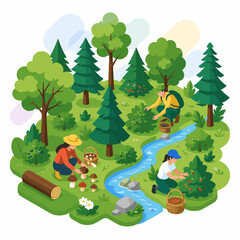 Fototapeta premium Isometric Forest Scene With Family And Hikers By A Meandering River In Bright Summer Sunshine