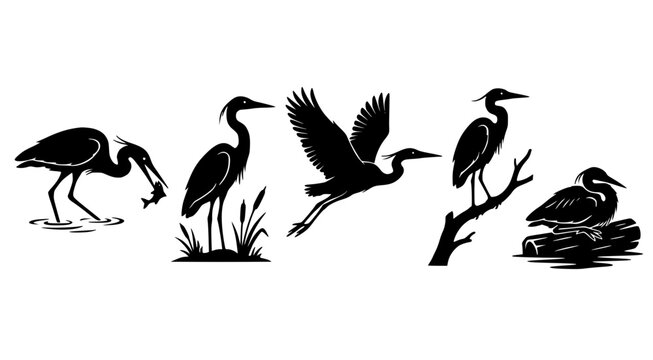 Detailed black silhouette collection of herons standing and flying in various natural postures isolated on white background for wildlife graphic design and nature conservation projects