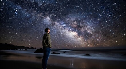 Fototapeta premium Man standing on a beach under the vast Milky Way galaxy starry sky.