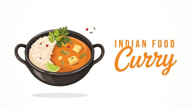 Indian food curry served in a black bowl with rice and herbs illustration traditional restaurant vegetarian
