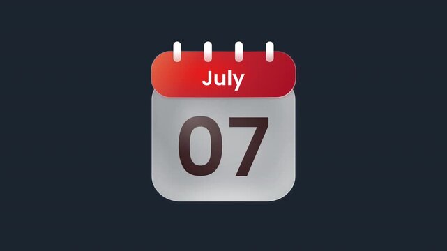 July 07 7th Calendar Date Animation Icon Display ProRes Alpha Channel 4K 60fps Modern Monthly Scheduling Reminder Motion Design