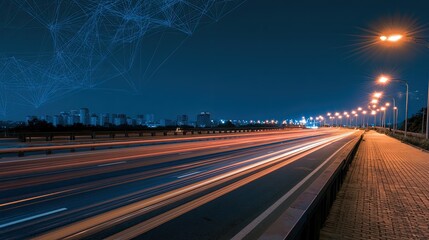 Obraz premium Nighttime Highway Light Trails with Cityscape Silhouette.