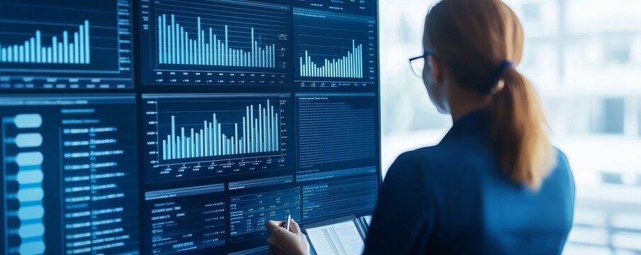 Content A woman (back view) looking at a large digital screen filled with blue-toned data charts, graphs and code. She is pointing at the screen. Composition Close-upmedium shot from