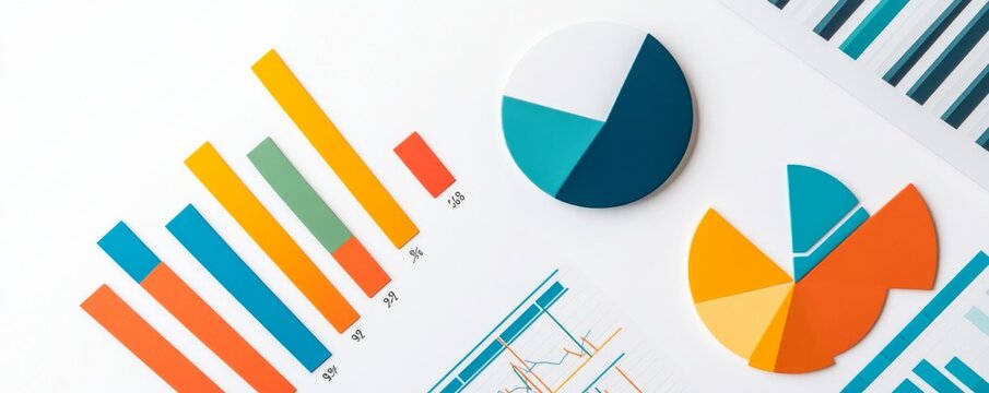 Content Various types of colorful charts (bar charts, piedonut charts, linearea charts) on a white background. Composition Minimalist, clean, high-angletop-down view, geometric,