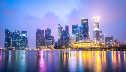 Obraz premium A city skyline at dusk with colorful lights reflecting on the water