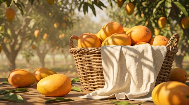Premium Alphonso Mangoes in Wicker Basket at Sunny Orchard