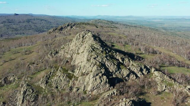 Southern Urals in spring: Yanguziai mountain of the Irendyk ridge. Aerial view.