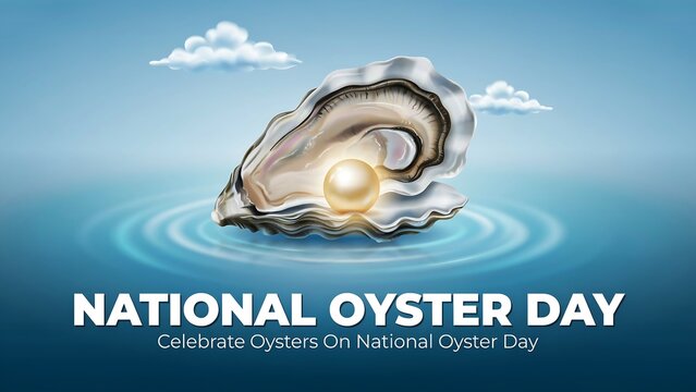 National oyster day illustration featuring a large seashell with a glowing pearl in blue ocean water, national