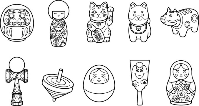 Traditional Japanese folk toys cultural souvenirs lucky charms and nesting dolls outline vector icons set