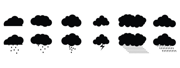 Obraz premium Fluffy clouds silhouettes. Vector set of dark clouds shapes. Data technology icons pack . Cloud icon. Vector illustration.