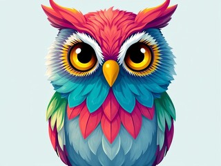 Naklejka premium Whimsical illustration of a brightly colored owl with expressive eyes and intricate feathers, wildlife, colors