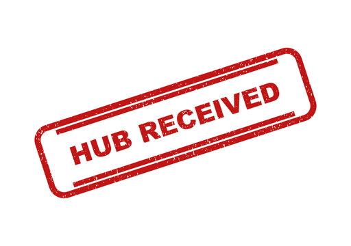 Red ink rubber stamp text reading hub received on a document page