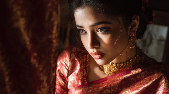 Elegant Indian woman in traditional saree with gold jewelry