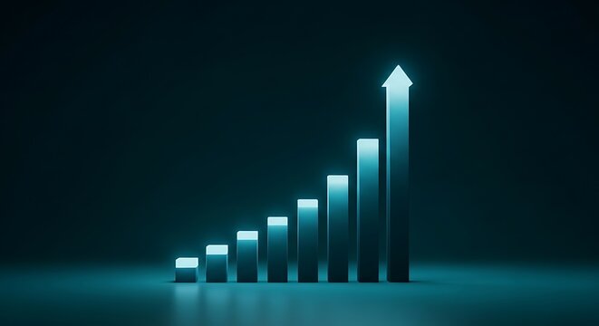 Glowing blue bar graph with an upward arrow, representing growth and success, on dark background
