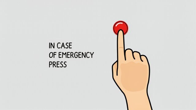Emergency button, red alert, hand pressing panic button, safety instruction