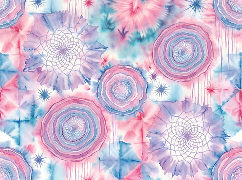 Watercolor tie-dye dreamcatchers and geode patterns in pink and blue agate
