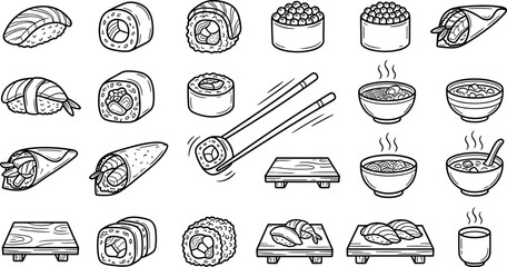 Traditional Japanese sushi and Asian cuisine line icon set featuring nigiri maki roll and chopsticks symbols © Imran