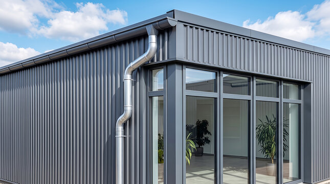 Close-up of corrugated metal building exterior with downspout and windows architecture