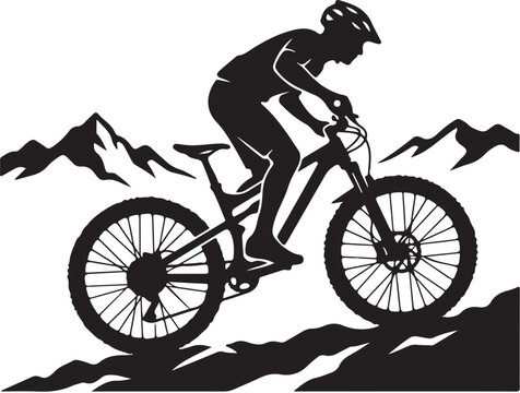 Mountain biking silhouette, cyclist riding bike, black mountain bike, outdoor sports icon