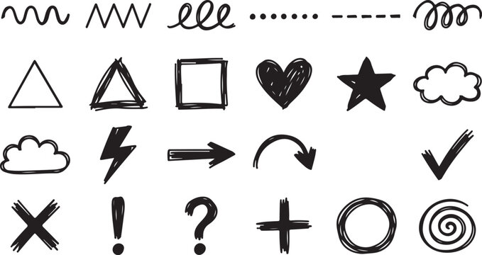 Doodle icons of geometric shapes hearts arrows lightning and basic symbols.
