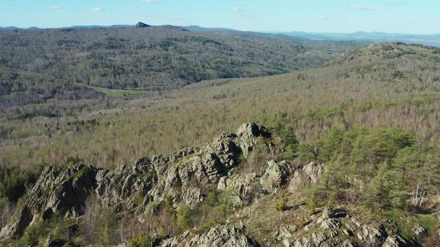 Southern Urals in spring: Yanguziai mountain of the Irendyk ridge. Aerial view.