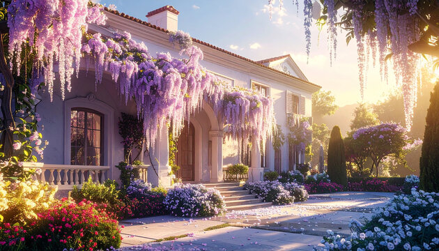 Elegant house exterior blooming flowers sunlight
