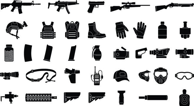 Airsoft equipment icons for tactical sports gear including weapons magazines masks and accessories