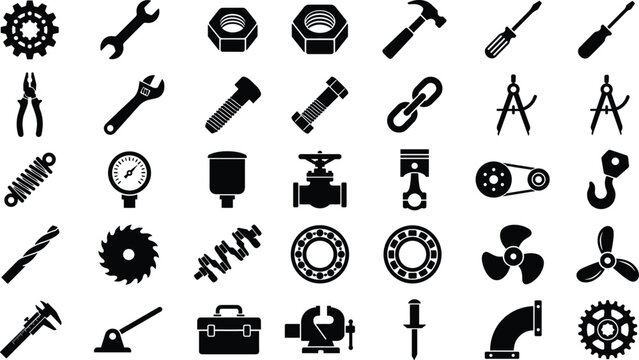 Set of black and white vector icons representing various tools for mechanics and construction