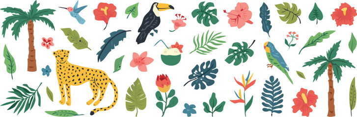 Tropical jungle border, colorful wildlife and foliage, exotic plants, jungle animals © Mir