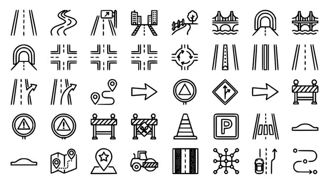 Road signs and infrastructure icons set black and white vector illustration