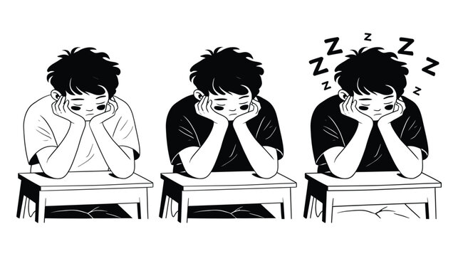 Boy illustration sketch tired teenager resting on wooden school desk