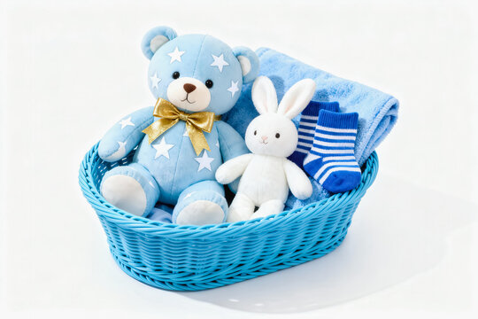 A blue woven basket holds baby items including a star-patterned teddy bear, plush rabbit, striped socks, and blanket.