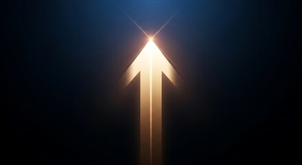 Fototapeta premium Illuminated golden arrow pointing upwards, against a dark blue gradient backdrop