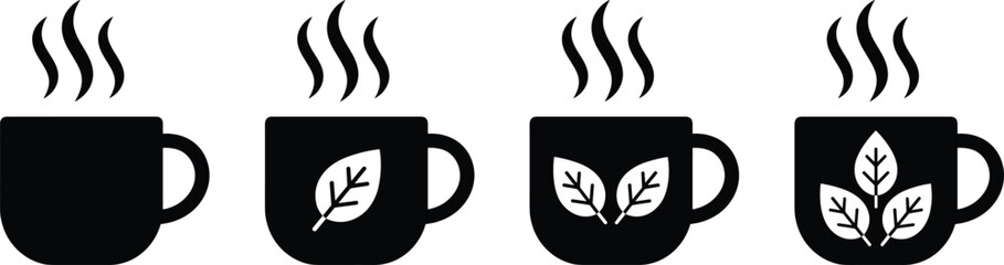 Herbal tea cup icon set with hot steam and mint leaf details black silhouettes isolated on white background © RAFIQUL