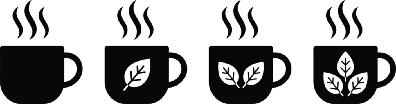 Herbal tea cup icon set with hot steam and mint leaf details black silhouettes isolated on white background