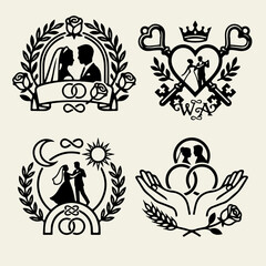 Fototapeta premium Set of four wedding logos with bride and groom silhouettes in vintage engraving style. Monochrome vector emblems featuring romantic couples, geometric frames, and elegant minimalis