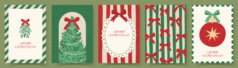 Fototapeta premium Trendy Christmas and New Year cards. Retro Christmas posters with bows, ball, fir-tree, mistletoe and typography design. Contemporary minimalist New Year flyers for branding, cover, social media