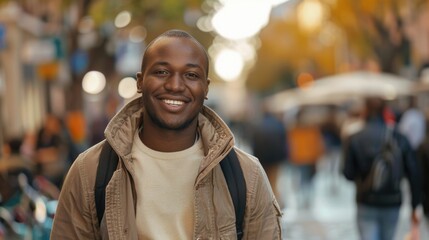 Naklejka premium Portrait of a handsome smiling African American man standing on the street.