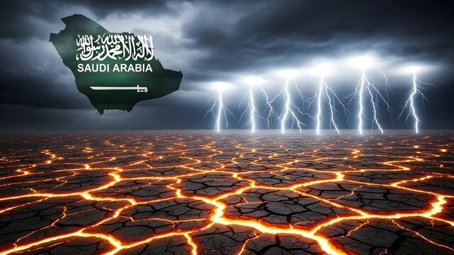 Saudi arabia map outline over lightning storm and glowing cracked desert terrain