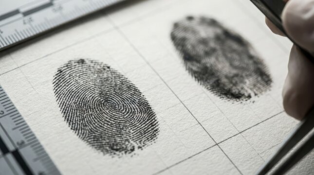 Forensic expert analyzing fingerprints on paper sheet using tweezers at crime scene investigation for criminal analysis.