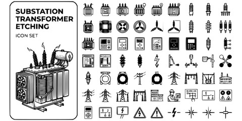 Substation Transformer Etching Black White-Core Winding Bush Insulator Relay-Substation Vector-Sub Icon Etching-Smart Grid Design Set © T-Shop