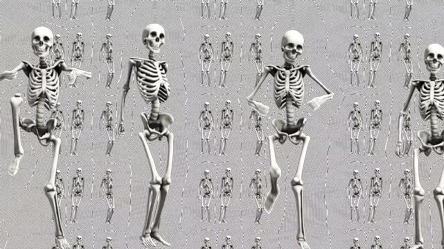 Seamless animation of skeletons dancing  with stroke effect. Funny halloween background.