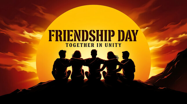 Friends embracing together against large sunset background for friendship day