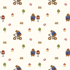 Fototapeta premium Bear postman cartoon so cute. On bicycle mailbox tree house fence heart background. Pattern seamless vector illustration. 