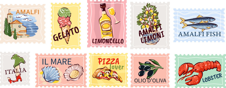 Italian stamp set with spritz, lemons, aperitivo, crab, pizza, olive oil, ravioli, beach and carnival mask. Menu and packaging decor with italian stamp set, cartoon vector illustration