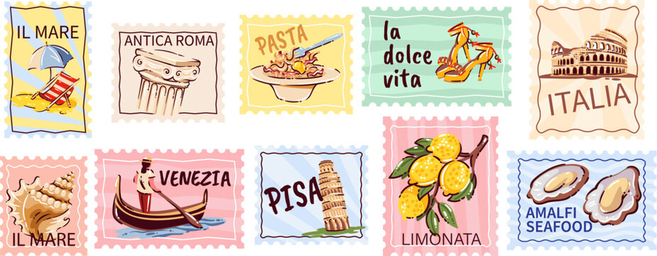 Italian stamp set with Amalfi coast, gelato, limoncello, lemons, fish, pizza, olive oil and seafood stamps. Menu, packaging and travel decor with italian stamp set, cartoon vector illustration